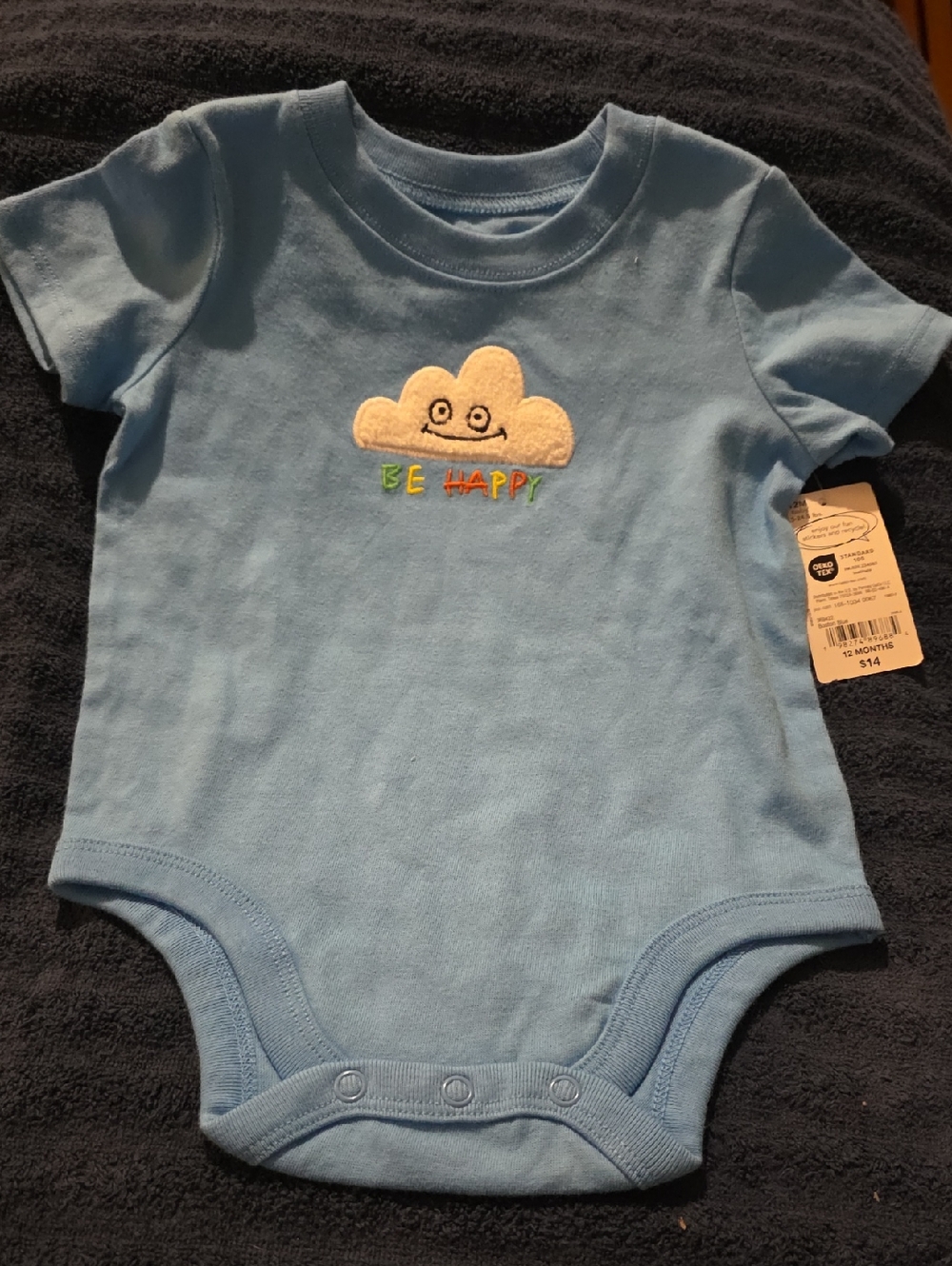 Be Happy Cloud Embroidered Light Blue Baby One-Piece